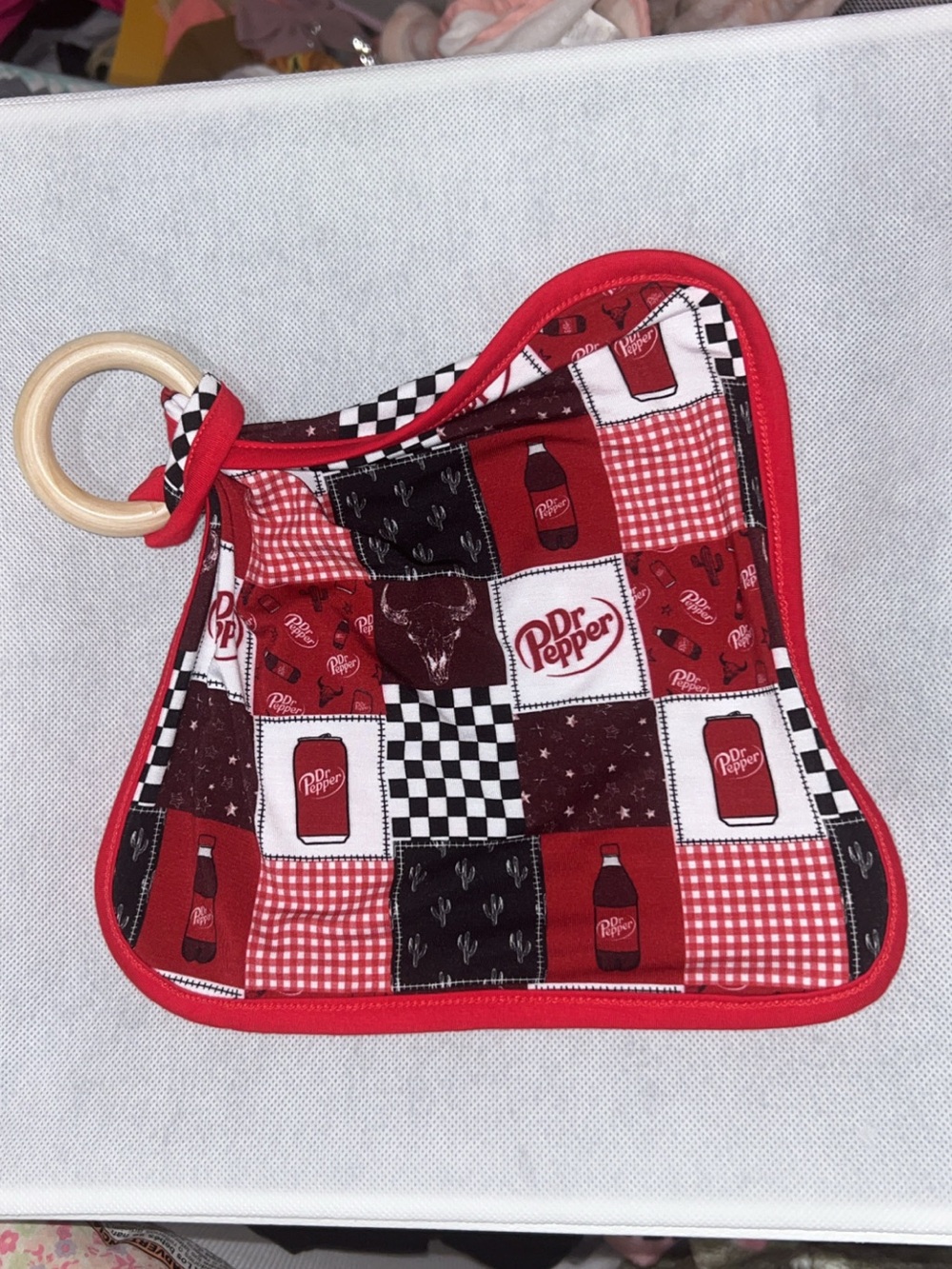 Dr Pepper Patchwork Baby Bamboo Lovey with Teething Ring